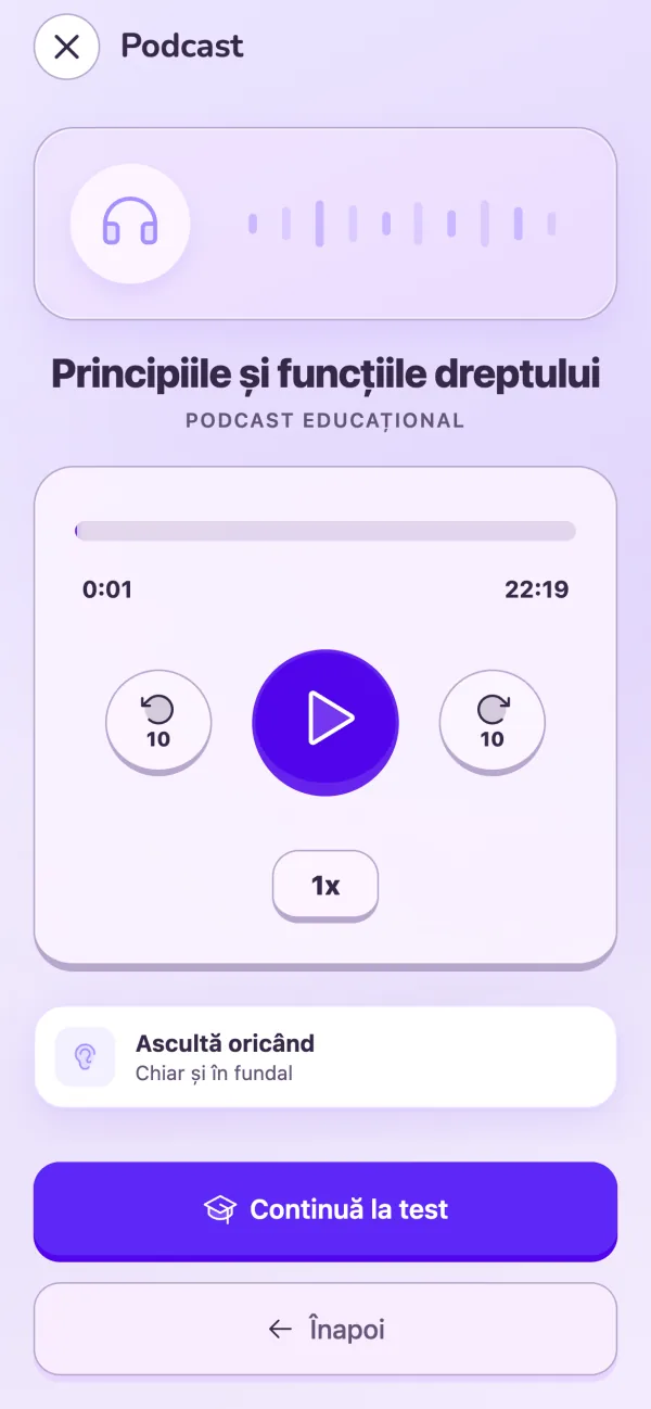 Podcastul unei lecții în Legalia, cu redare și viteză