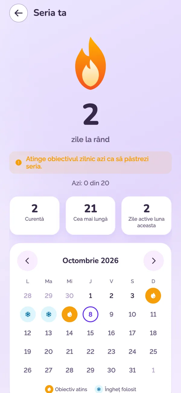 Seria zilnică în Legalia: zile la rând, recordul și calendarul lunii